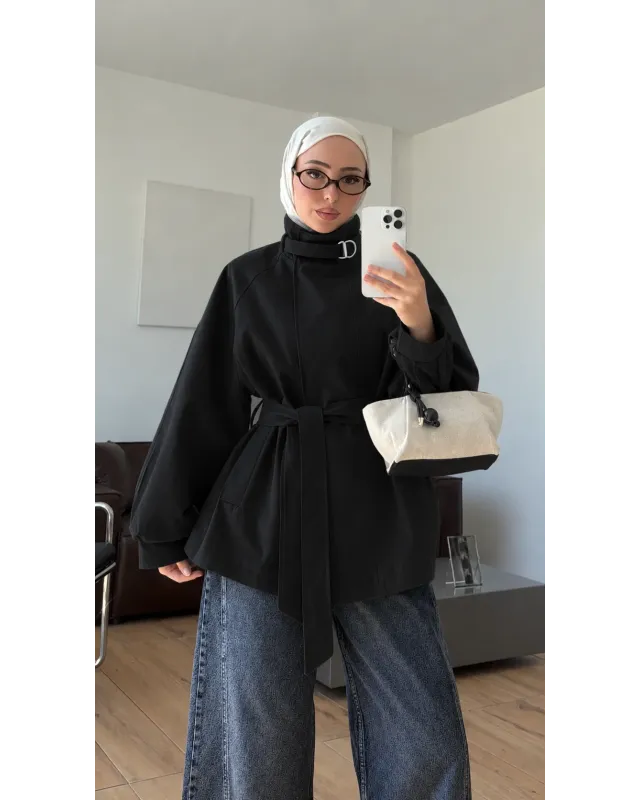Belted High-Neck black Jacket
