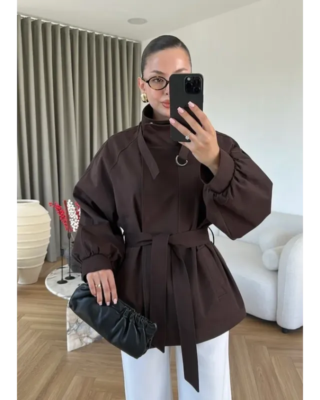 Belted High-Neck Brown Jacket