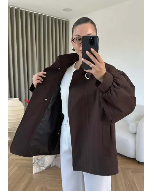 Belted High-Neck Brown Jacket
