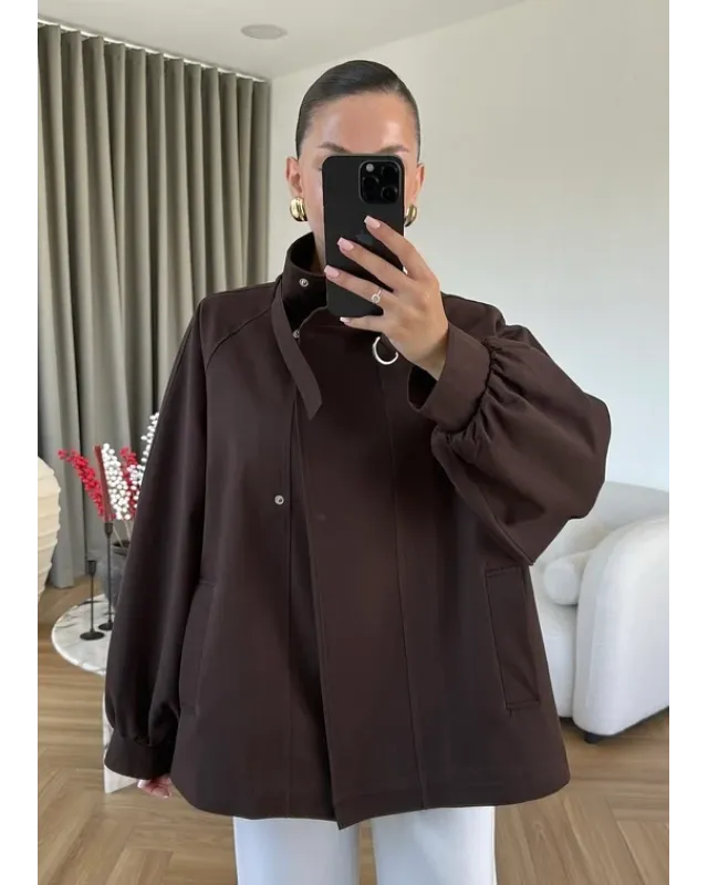 Belted High-Neck Brown Jacket