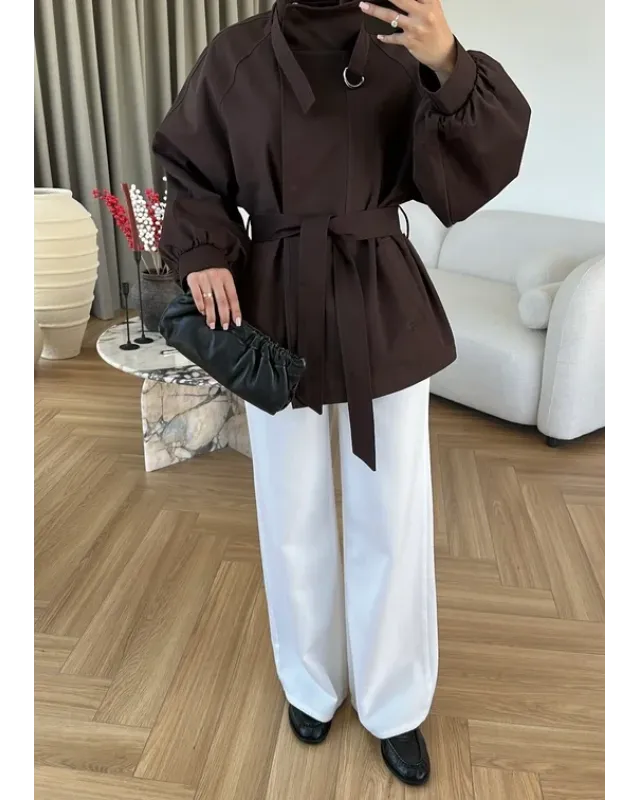 Belted High-Neck Brown Jacket
