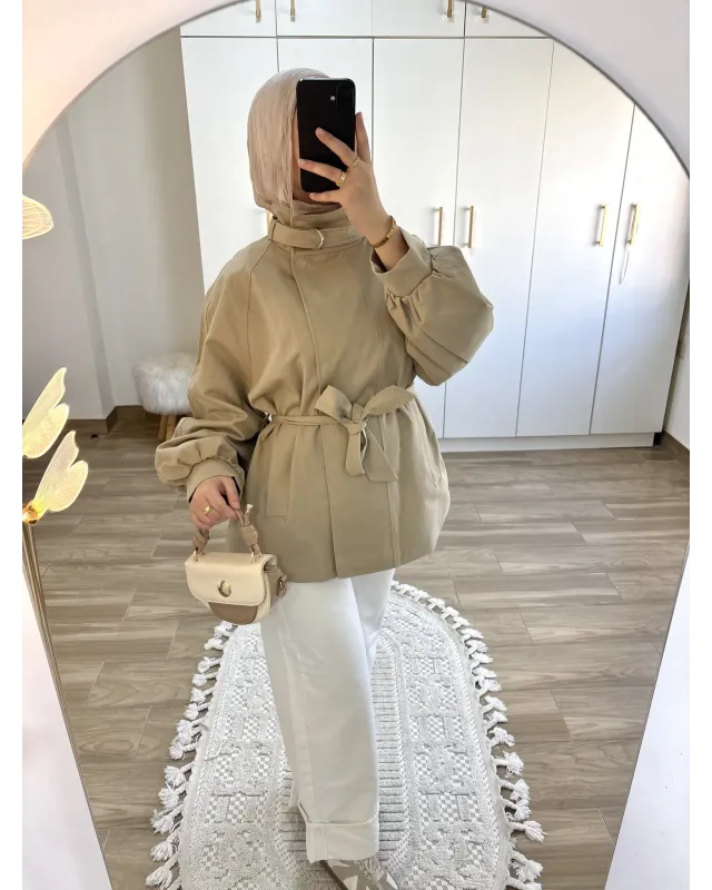 Belted High-Neck Beige Jacket