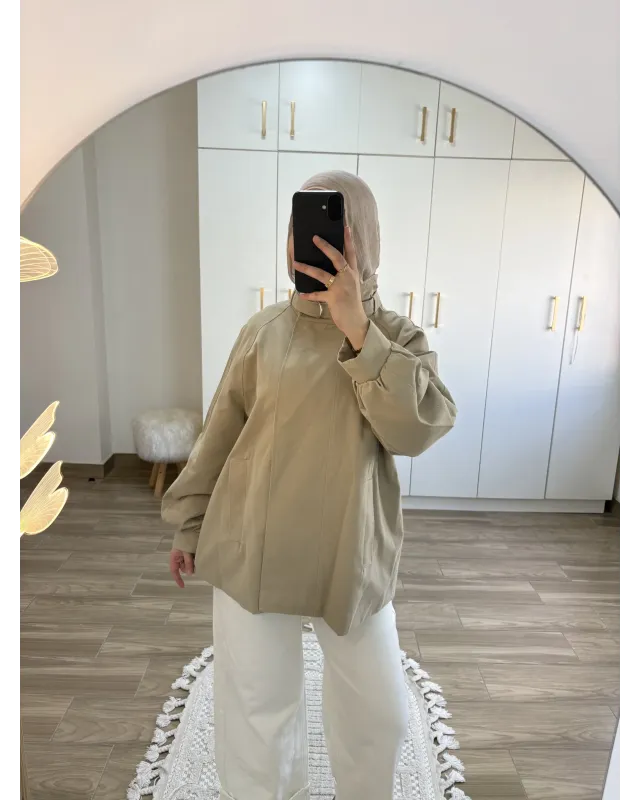 Belted High-Neck Beige Jacket