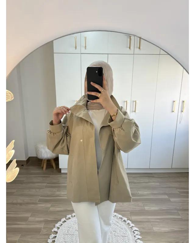 Belted High-Neck Beige Jacket