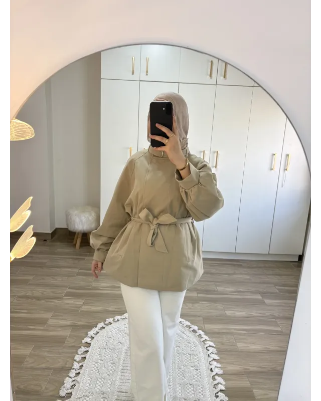 Belted High-Neck Beige Jacket