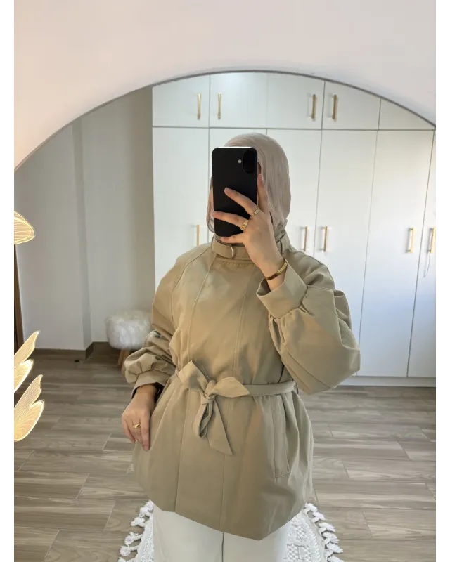 Belted High-Neck Beige Jacket