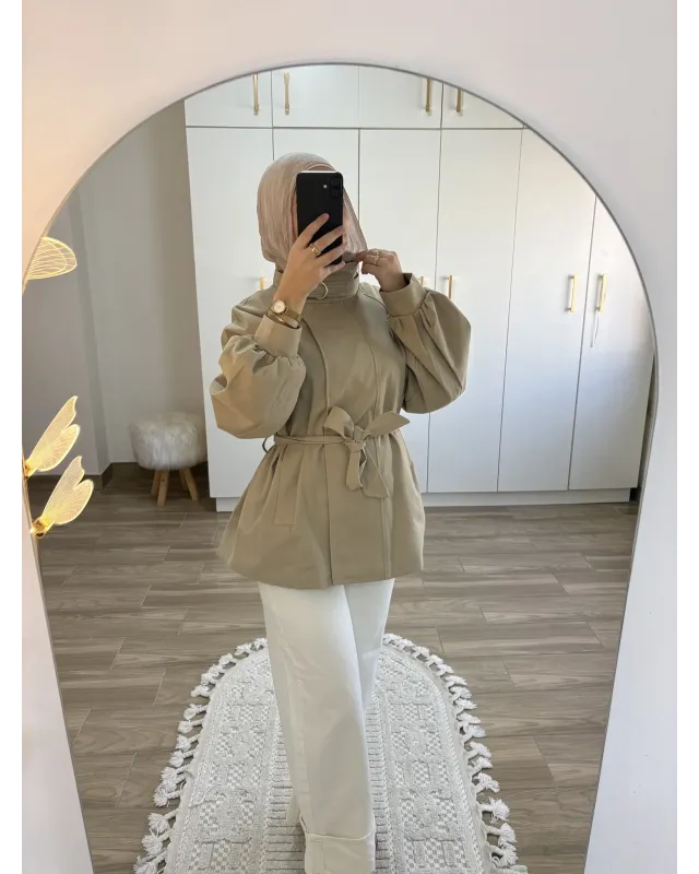 Belted High-Neck Beige Jacket
