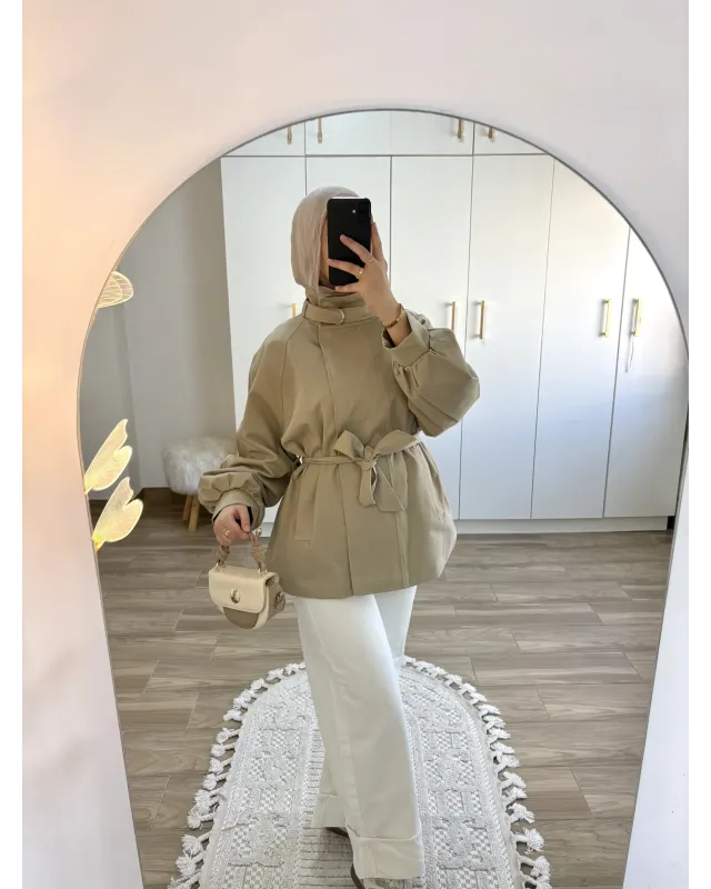 Belted High-Neck Beige Jacket