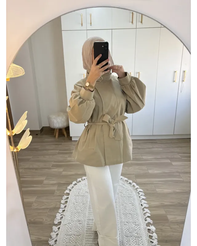 Belted High-Neck Beige Jacket