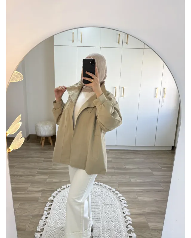 Belted High-Neck Beige Jacket