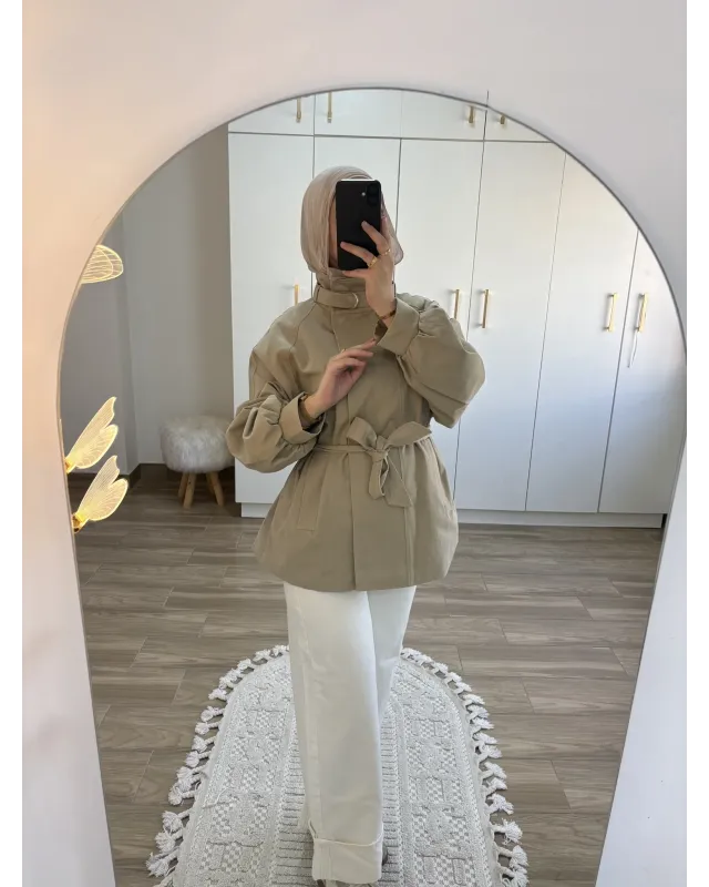 Belted High-Neck Beige Jacket