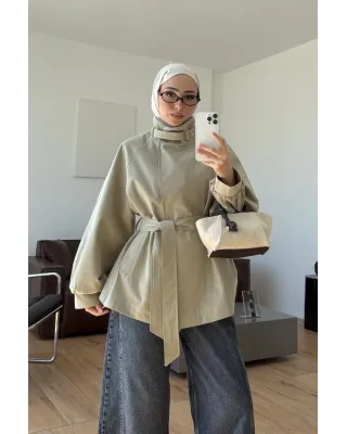 Belted High-Neck Beige Jacket
