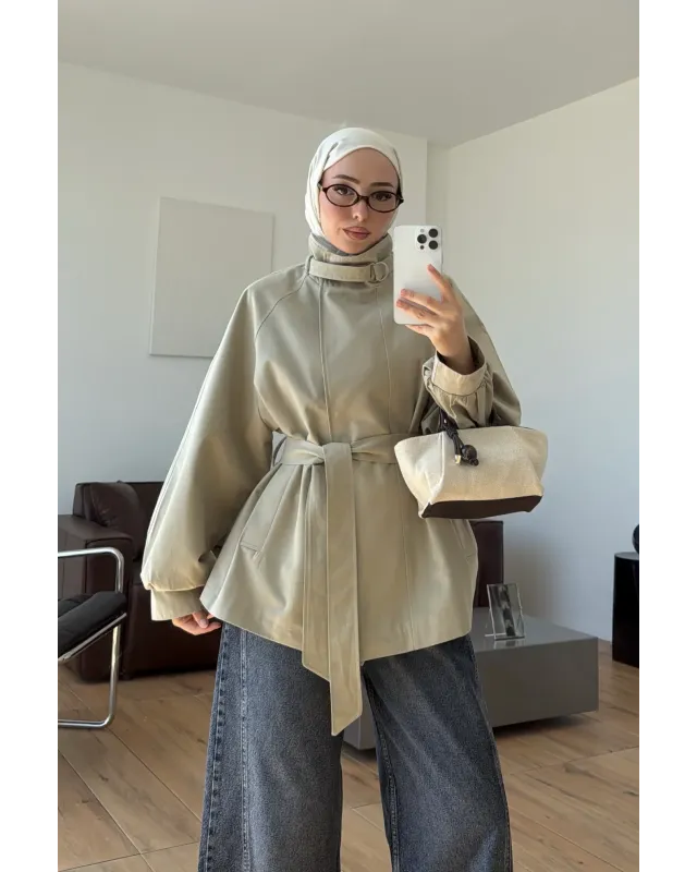 Belted High-Neck Beige Jacket