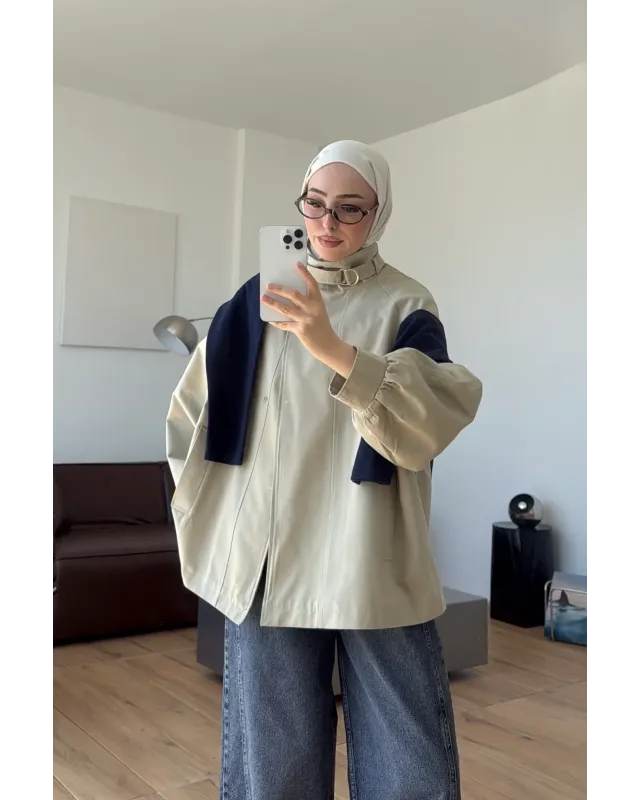 Belted High-Neck Beige Jacket