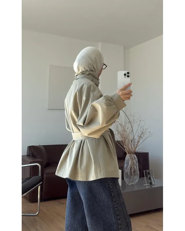 Belted High-Neck Beige Jacket