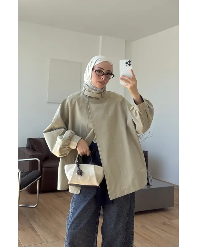 Belted High-Neck Beige Jacket