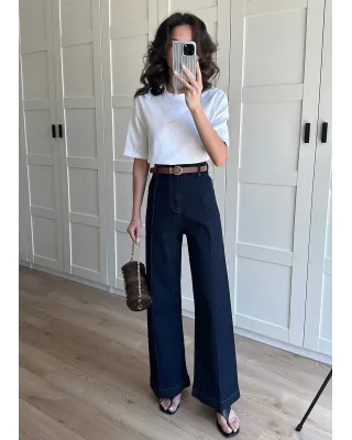 High-Waisted Dark Blue Ribbed Jeans with Tan Belt