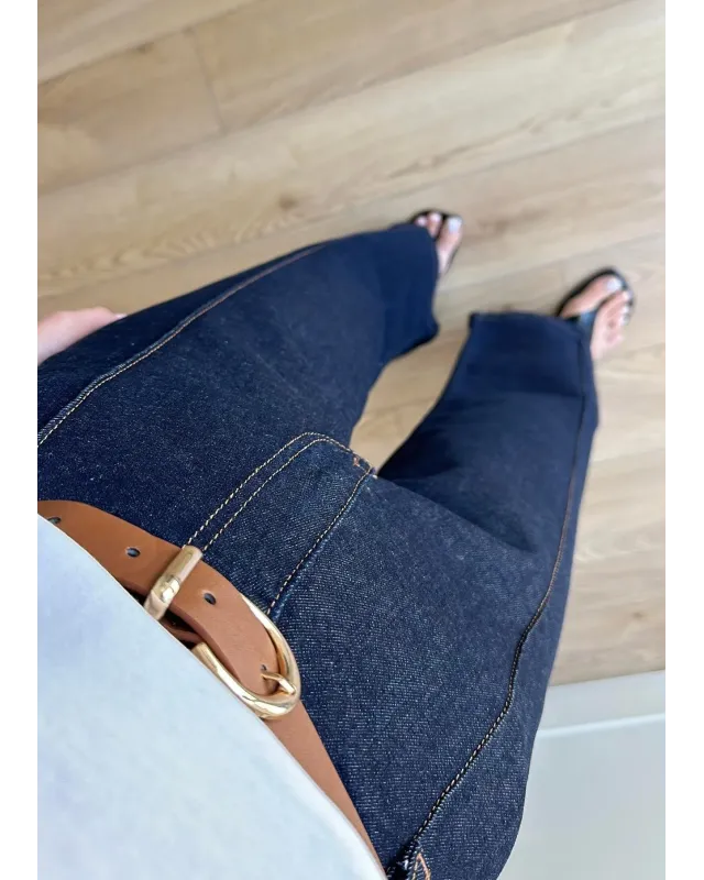 High-Waisted Dark Blue Ribbed Jeans with Tan Belt