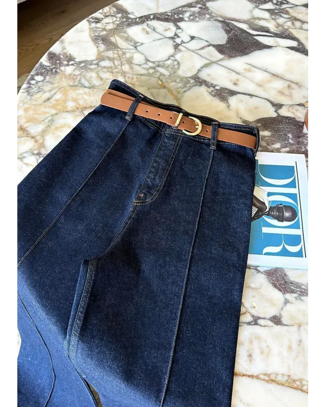High-Waisted Dark Blue Ribbed Jeans with Tan Belt