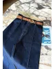 High-Waisted Dark Blue Ribbed Jeans with Tan Belt