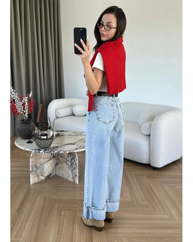 Ice Blue Cuffed Jeans with Black Belt