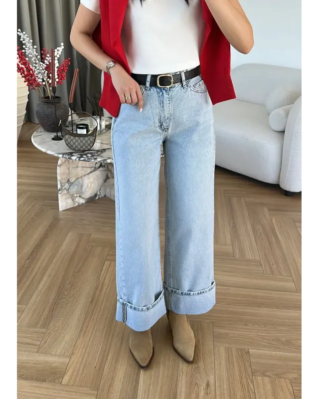 Ice Blue Cuffed Jeans with Black Belt