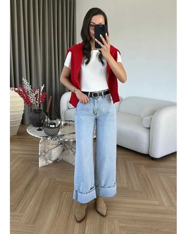 Ice Blue Cuffed Jeans with Black Belt