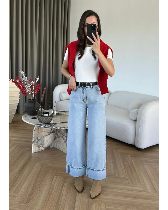Ice Blue Cuffed Jeans with Black Belt