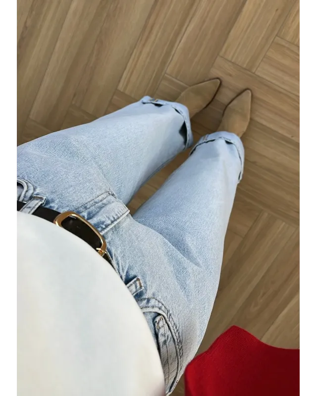 Ice Blue Cuffed Jeans with Black Belt