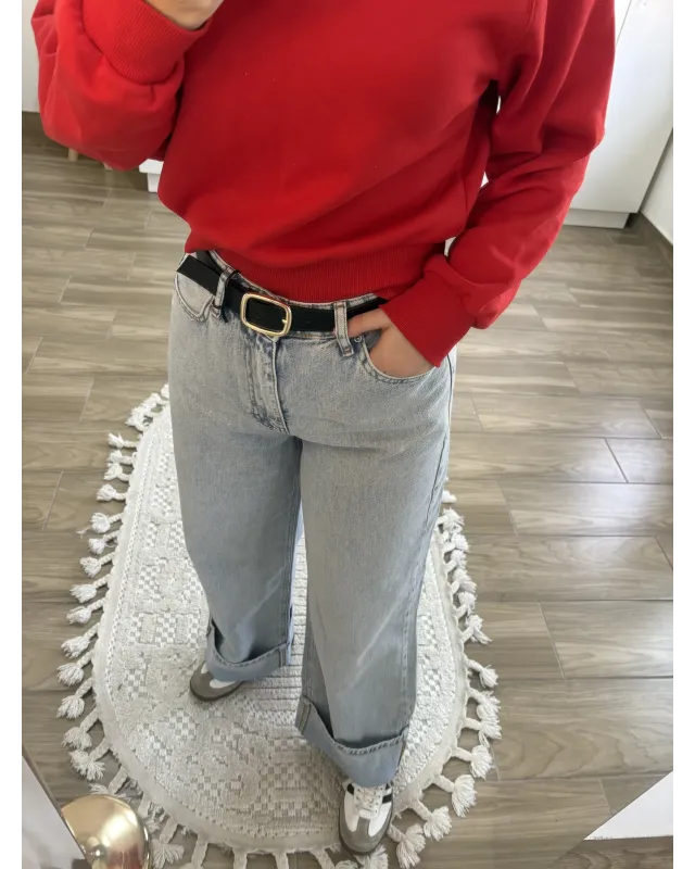 Ice Blue Cuffed Jeans with Black Belt