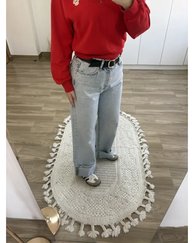 Ice Blue Cuffed Jeans with Black Belt