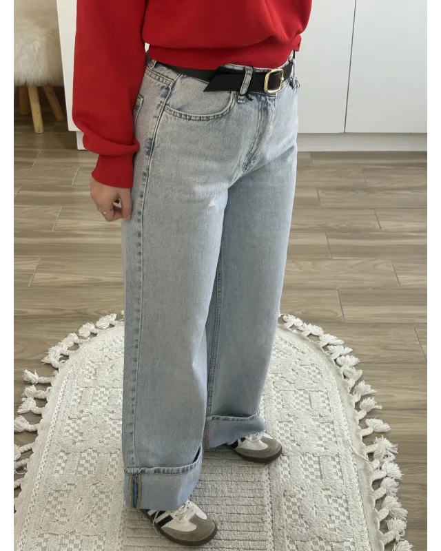 Ice Blue Cuffed Jeans with Black Belt