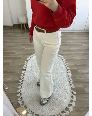 Ecru Cuffed Jeans with Brown Belt