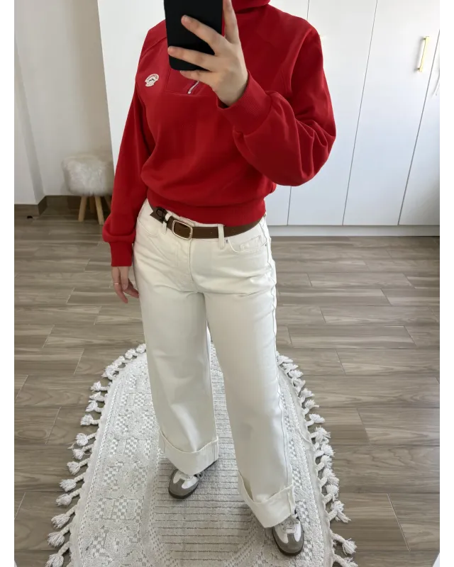 Ecru Cuffed Jeans with Brown Belt