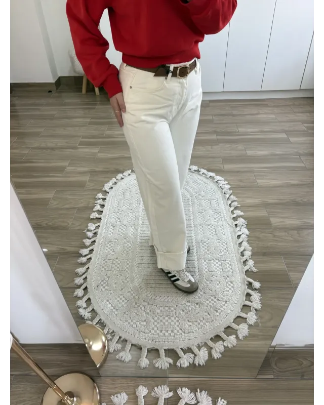 Ecru Cuffed Jeans with Brown Belt