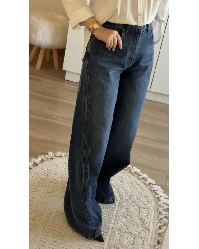 Double-Panel Wide-Leg Jeans – Dark Indigo