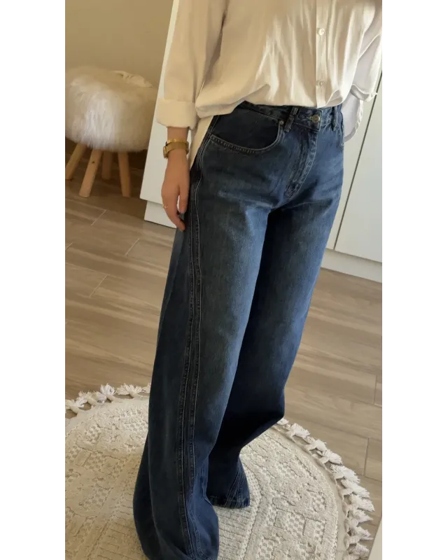 Double-Panel Wide-Leg Jeans – Dark Indigo