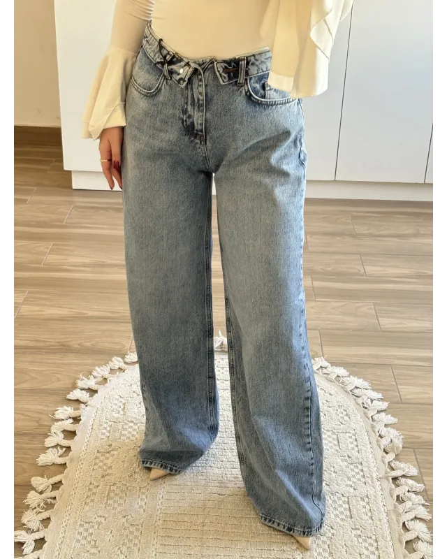 Layered-Waist Design Jeans
