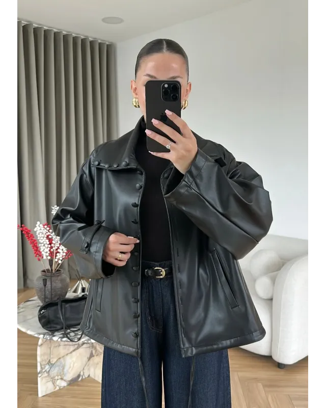 Button-Front Faux Leather Jacket – Black
