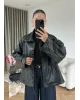 Button-Front Faux Leather Jacket – Black