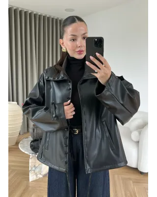 Button-Front Faux Leather Jacket – Black