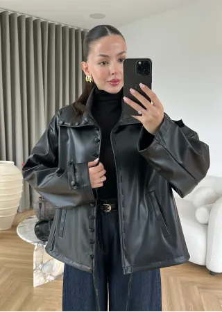 Button-Front Faux Leather Jacket – Black