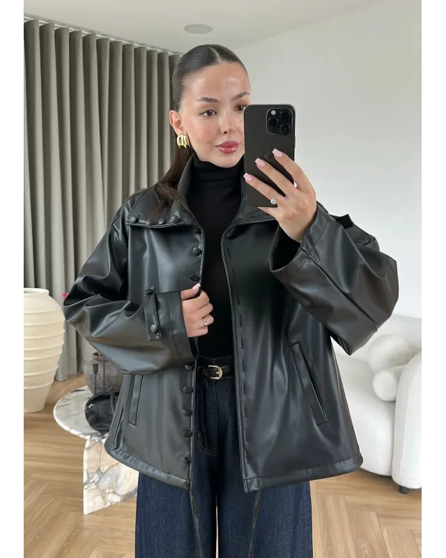 Button-Front Faux Leather Jacket – Black
