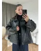 Button-Front Faux Leather Jacket – Black