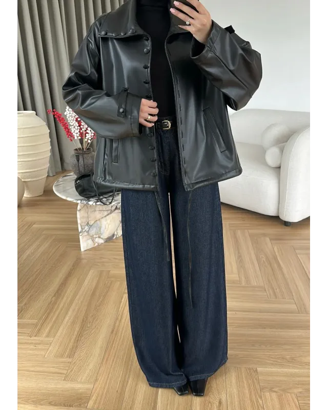 Button-Front Faux Leather Jacket – Black