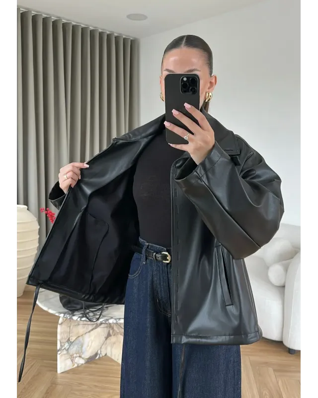 Button-Front Faux Leather Jacket – Black