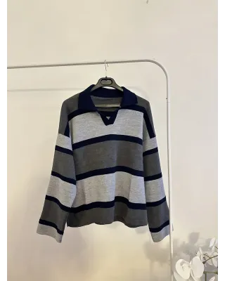 Navy Blue & Grey Striped Knit Sweater