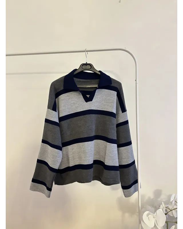 Navy Blue & Grey Striped Knit Sweater