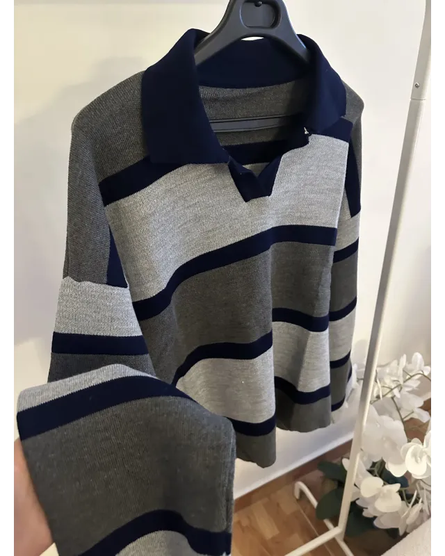 Navy Blue & Grey Striped Knit Sweater