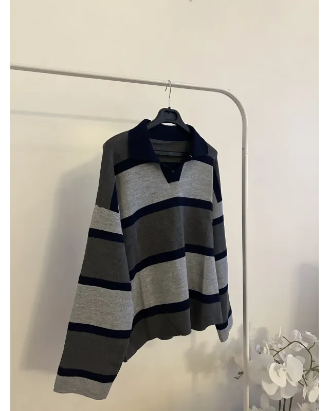 Navy Blue & Grey Striped Knit Sweater
